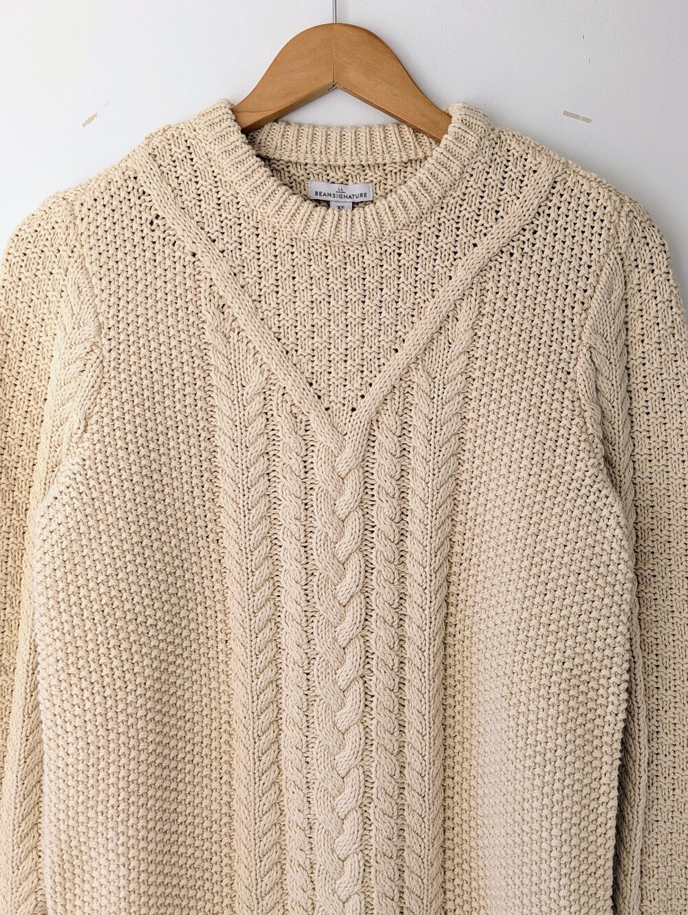 LL Bean Cotton Fisherman Cream Cable Knit Crewneck Sweater - Picture 3 of 12